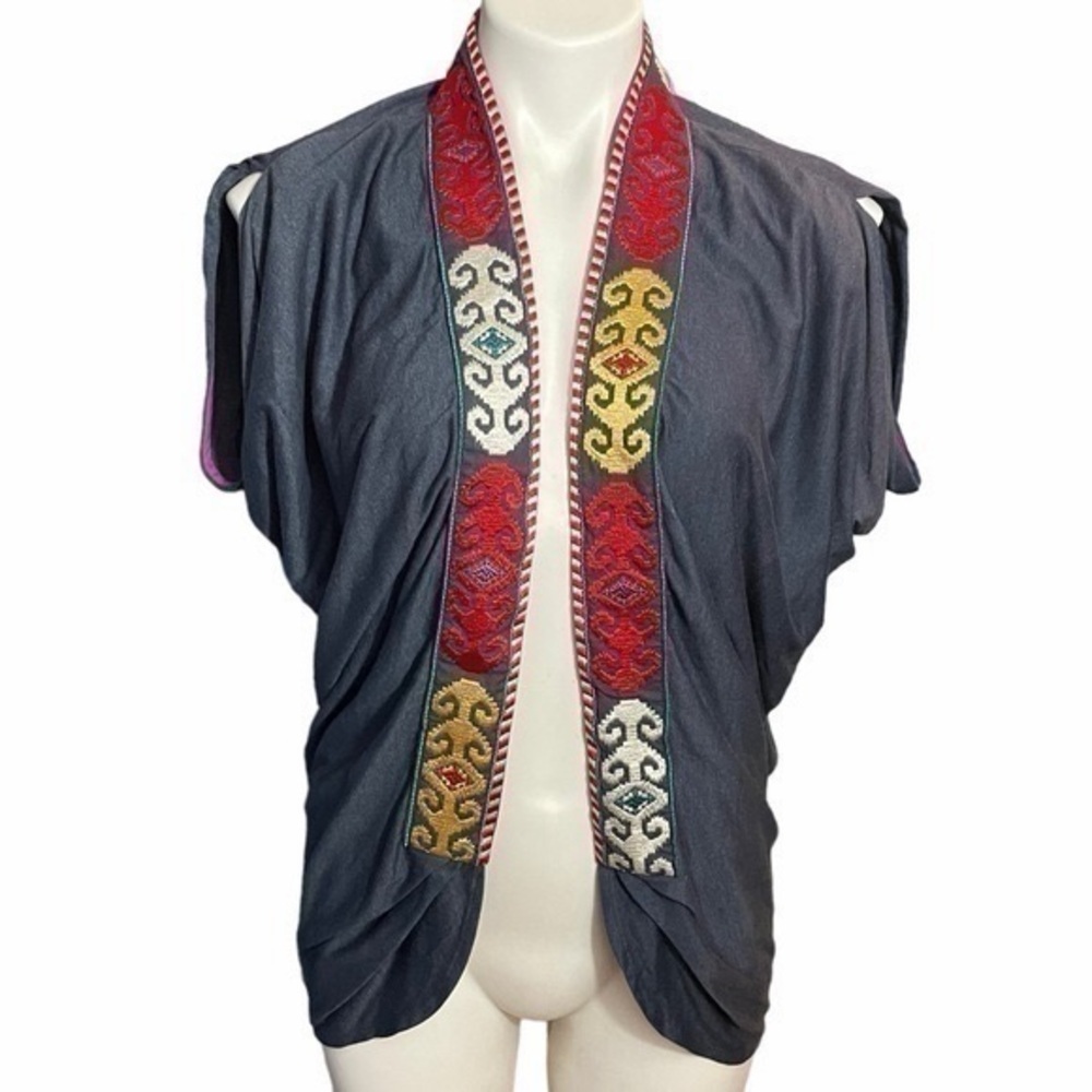 Anthropologie One September Navy Boho Geometric Embroidered Cardigan Small - Picture 13 of 16